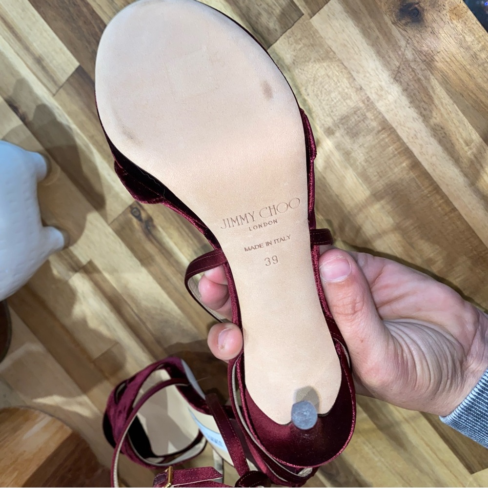 Jimmy Choo Burgundy Velvet And Satin Lola Cross Strap Sandals Size 39 - Picture 7 of 16